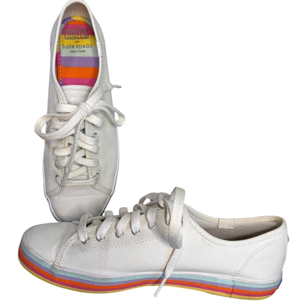 Kate Spade X Keds Colab‎ White Rainbow Platform Sneakers Canvas Women's Size 7.5